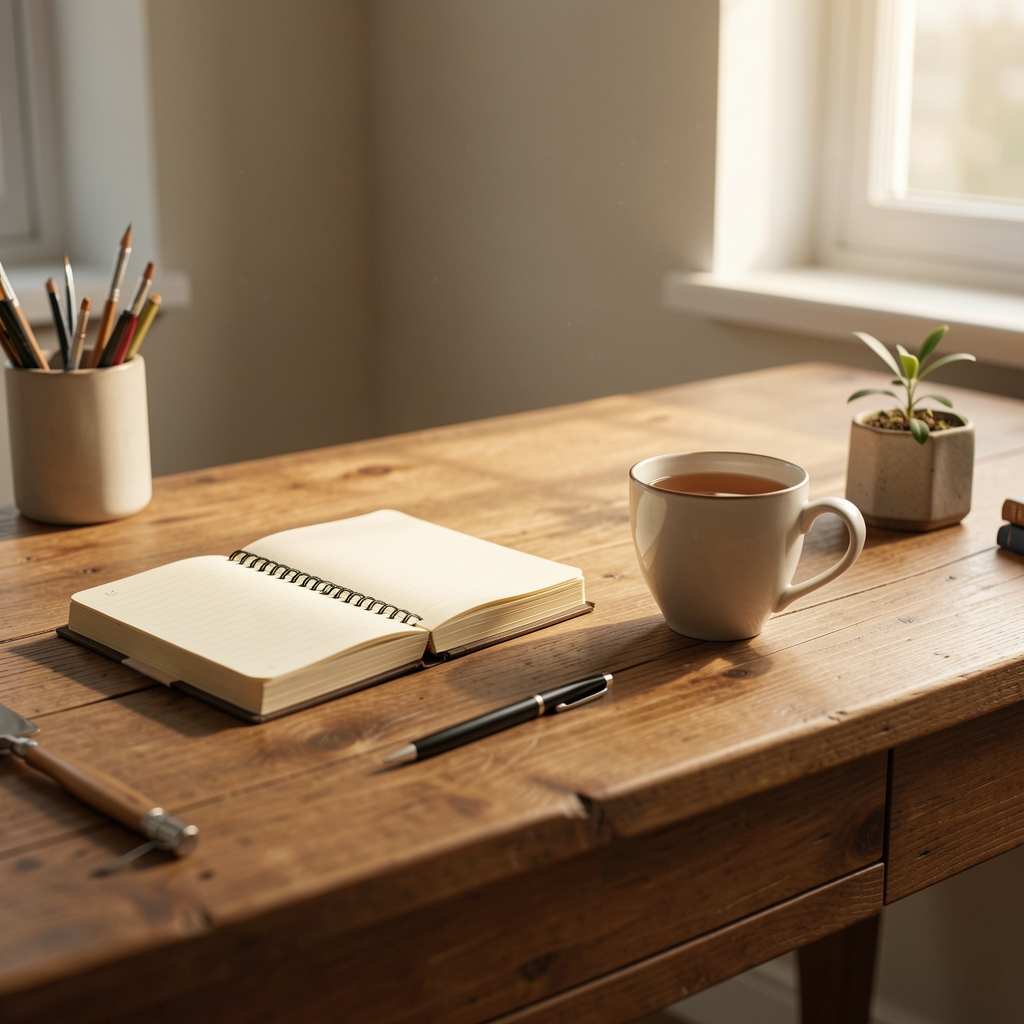 Helles, aufgeräumtes Studio-Arbeitsumfeld mit Holzschreibtisch, Notizbuch und Tasse Kräutertee, warmes natürliches Licht