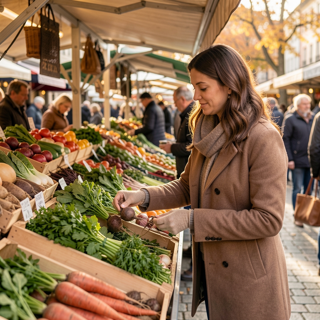 Frau beim Einkauf auf dem Zürcher Wochenmarkt, wählt frische Kräuter und Wurzelgemüse aus Holzkisten, Herbstlicht