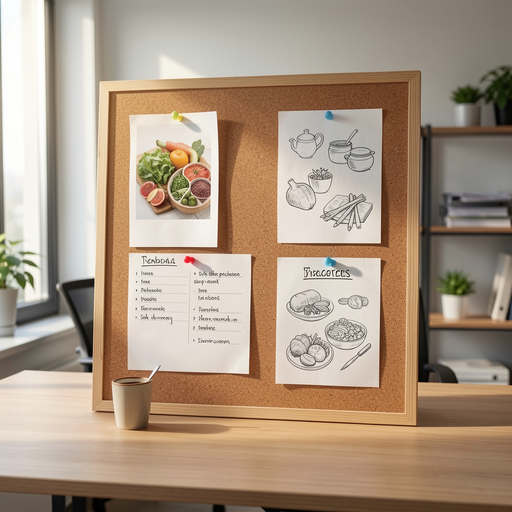 Sortierte Notizkarten mit Ernährungsnotizen und Skizzen auf einem Korkbrett, Büroatmosphäre, natürliches Seitenlicht