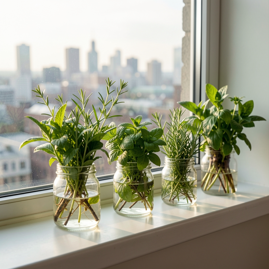 Frische Kräuter in kleinen Gläsern auf einer Fensterbank, Stadtpanorama im Hintergrund unscharf, Morgenlicht