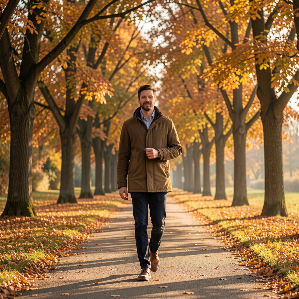 Person beim frühmorgendlichen Spaziergang auf einem Schweizer Seeuferweg, ruhige Atmosphäre, Morgendämmerung