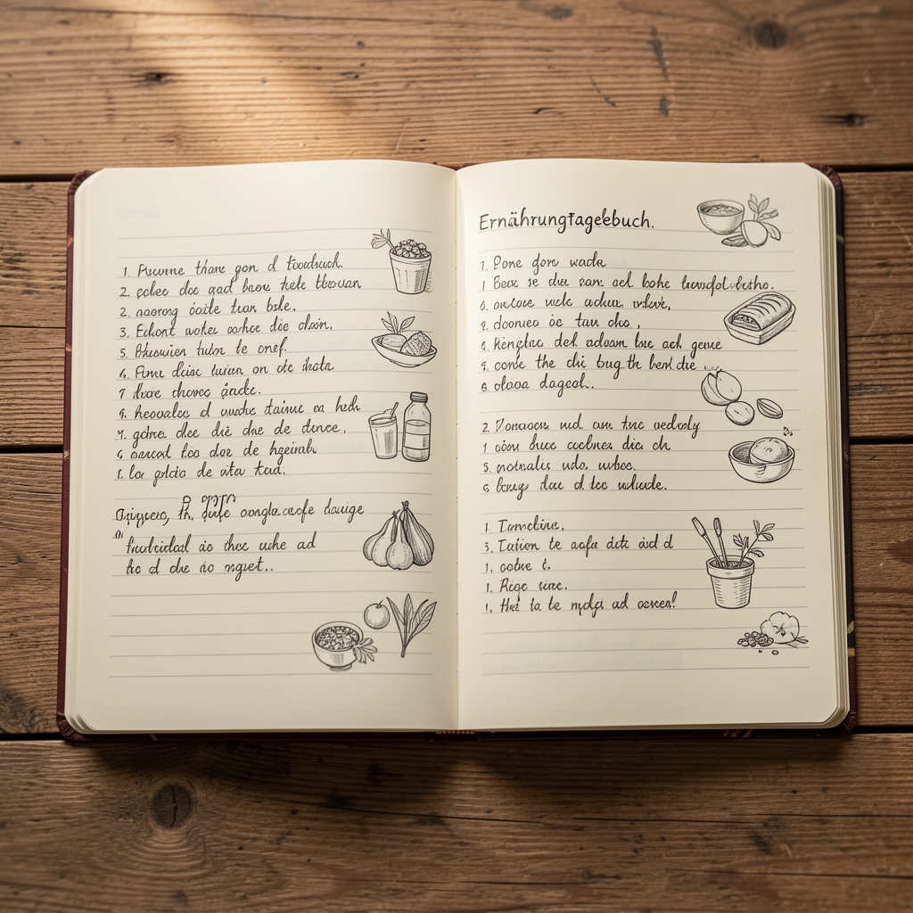 Aufgeklapptes Ernährungstagebuch mit Einträgen, Bleistift und kleinen Aufklebern auf einem Holztisch, warmes Licht